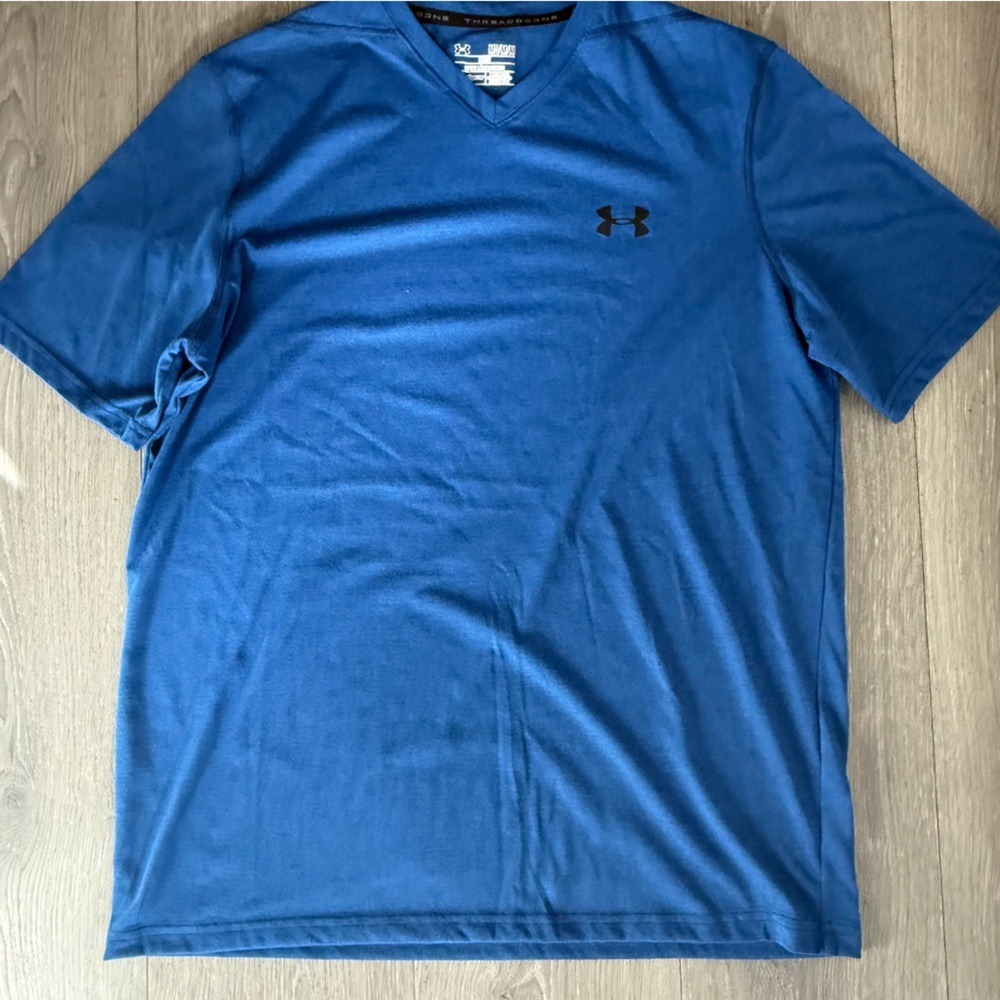 Under Armour Threadborne HeatGear V-Neck Shirt Mens Medium Blue Short Sleeve Tee